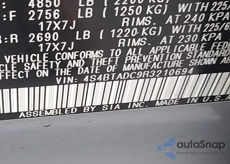 2024 Subaru Outback Premium z USA, uszkodzony, nr VIN 4S4BTADC9R3210694